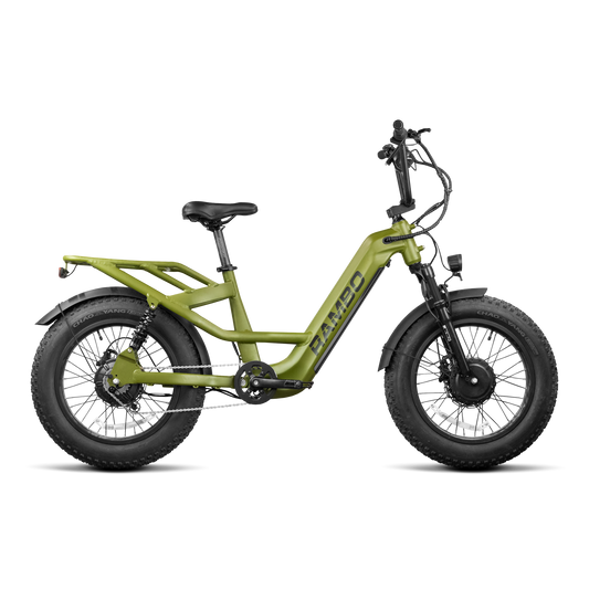 Rambo Revolt AWD compact full-suspension electric hunting bike in OD Green